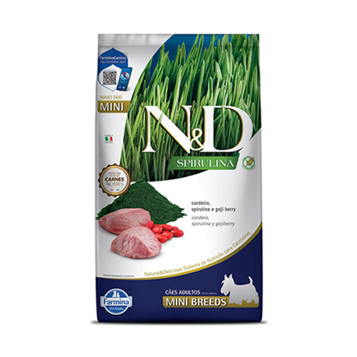 Rao Farmina N&D Spirulina para Ces Adultos de Porte Mini Sabor Cordeiro, Spirulina e Goji Berry